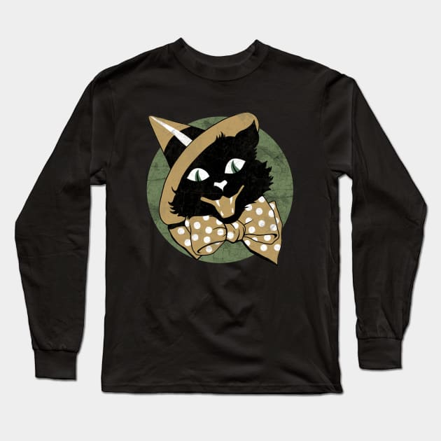 Vintage Halloween Black Cat Long Sleeve T-Shirt by valentinahramov
